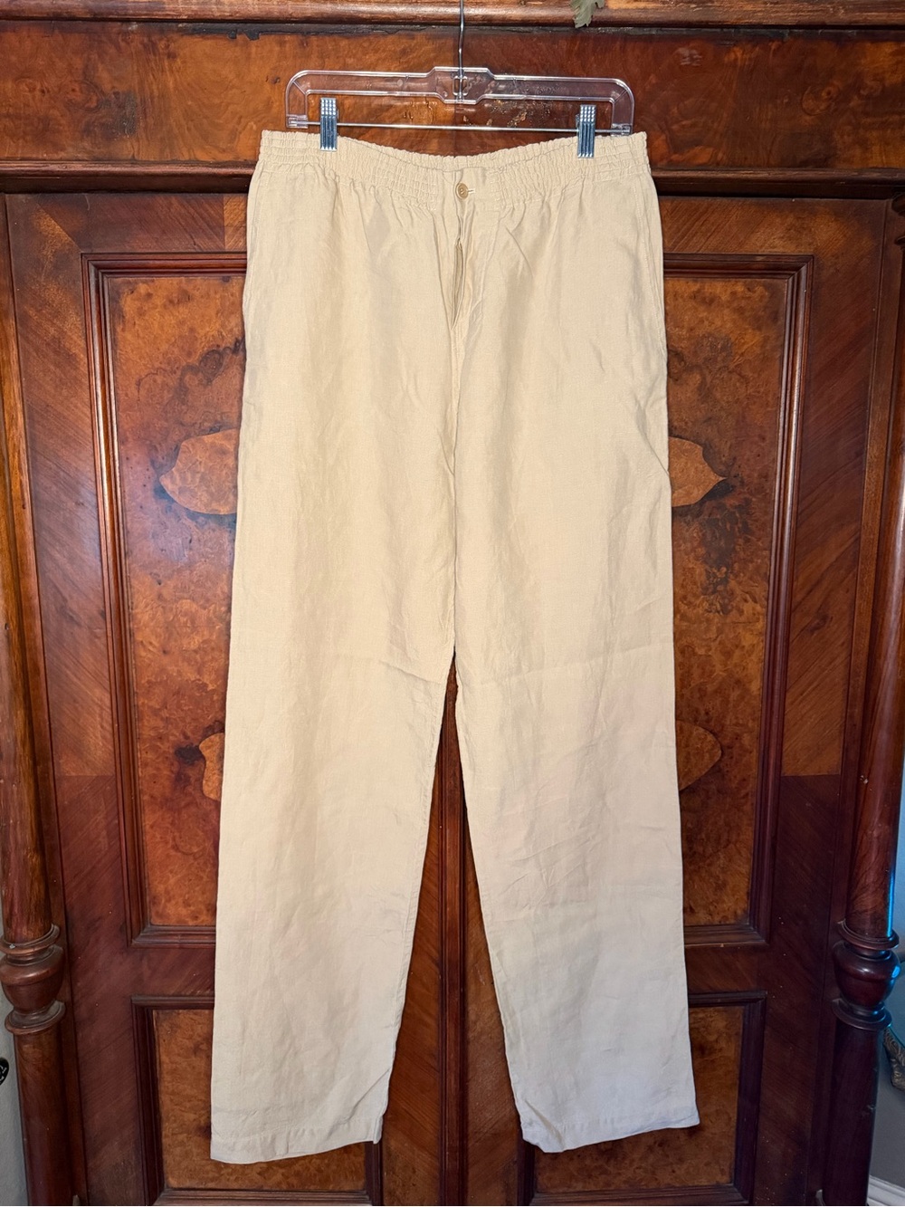 Margaret Howell Linen Pants Elastic Waist Button Fly Cream Tan Size 14